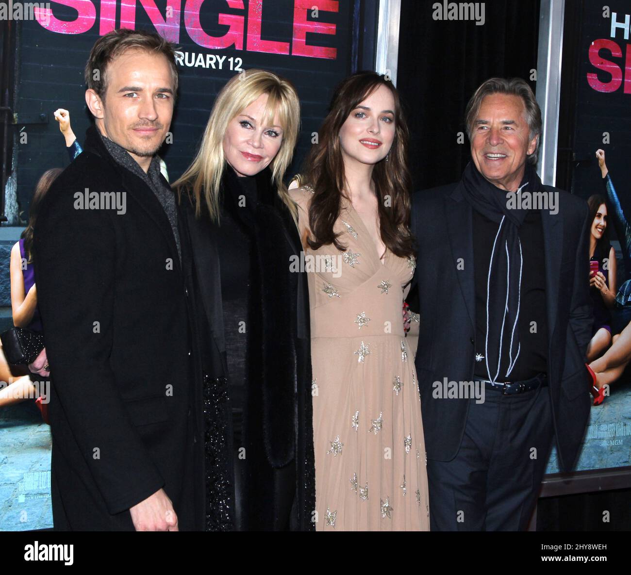 Jesse Johnson, Melanie Griffith, Dakota Johnson and Don Johnson attending the premiere of How To Be Single held at the NYU Skirball Center in New York, 3rd February 2016. Stock Photo