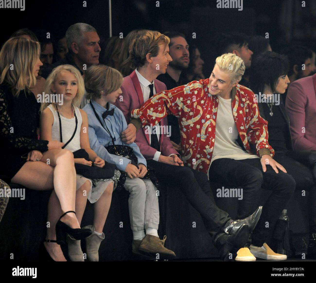 Marissa Ribisi, Tuesday Hansen, Cosimo Henri Hansen, Beck and Justin Bieber attending front row of the Saint Laurent show held at the Hollywood Palladium in Los Angeles, California. Stock Photo