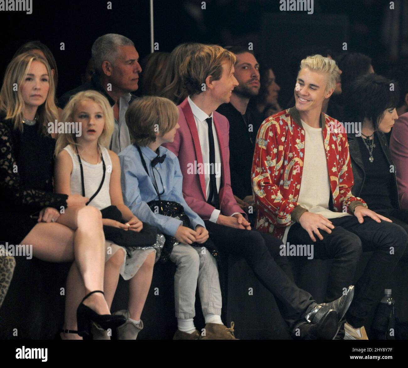 Marissa Ribisi, Tuesday Hansen, Cosimo Henri Hansen, Beck and Justin Bieber attending front row of the Saint Laurent show held at the Hollywood Palladium in Los Angeles, California. Stock Photo