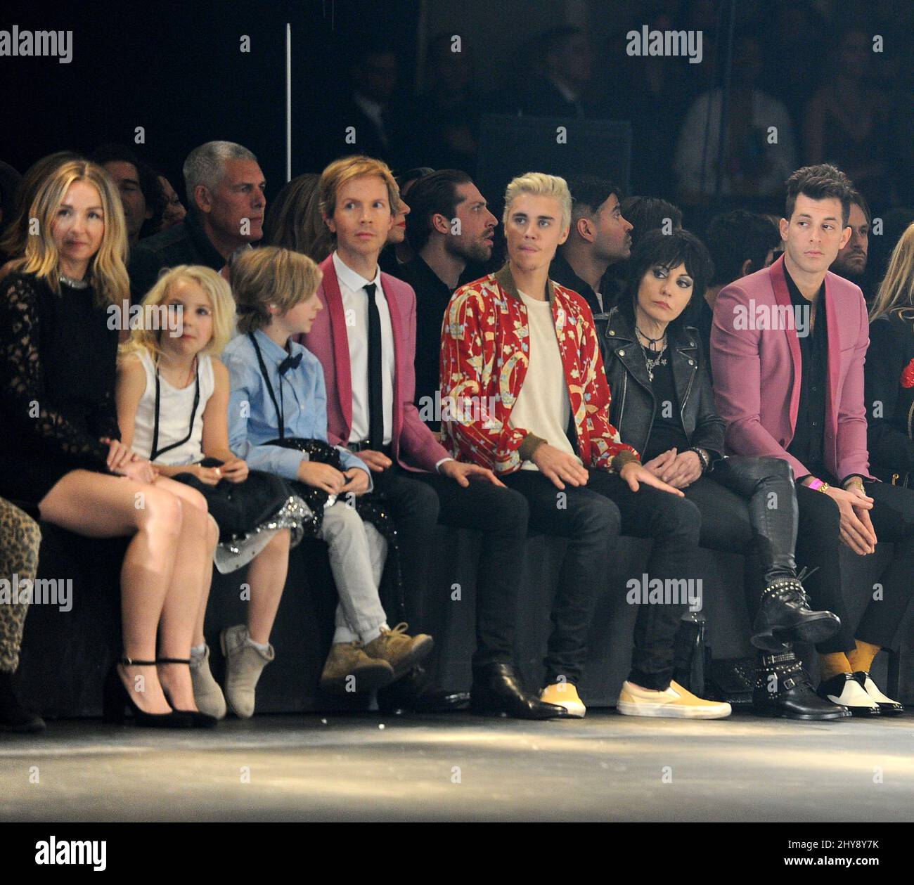 Marissa Ribisi, Tuesday Hansen, Cosimo Henri Hansen, Beck, Justin Bieber, Joan Jett and Mark Ronson attending front row of the Saint Laurent show held at the Hollywood Palladium in Los Angeles, California. Stock Photo