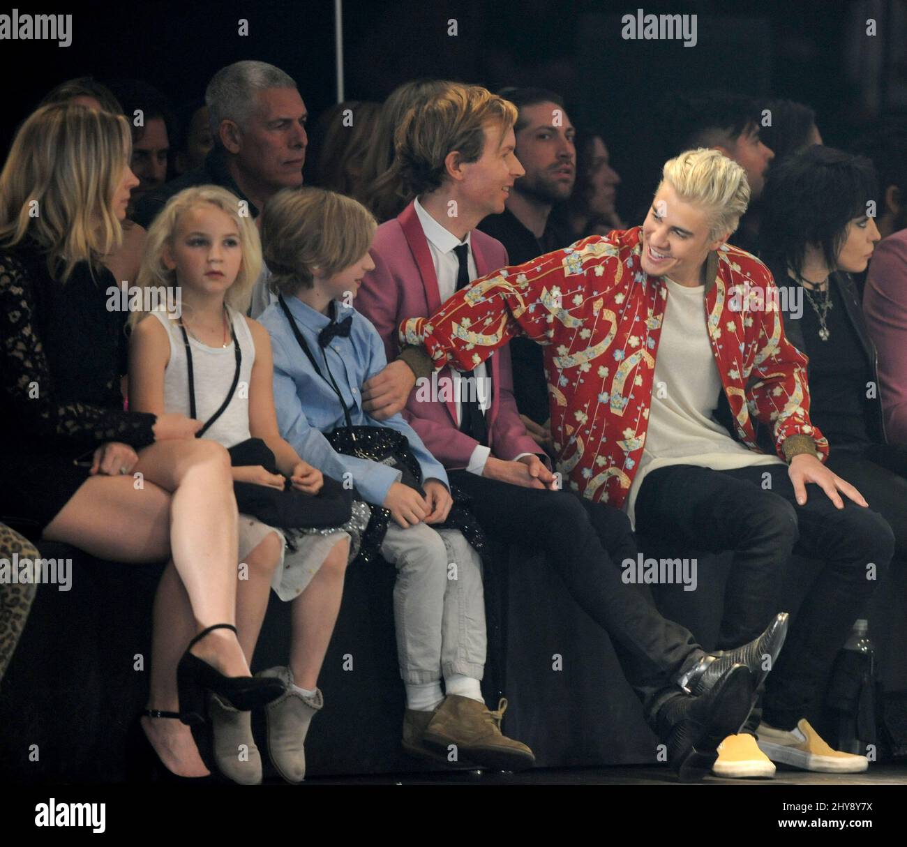 Marissa Ribisi, Tuesday Hansen, Cosimo Henri Hansen, Beck and Justin Bieber attending front row of the Saint Laurent show held at the Hollywood Palladium in Los Angeles, California. Stock Photo