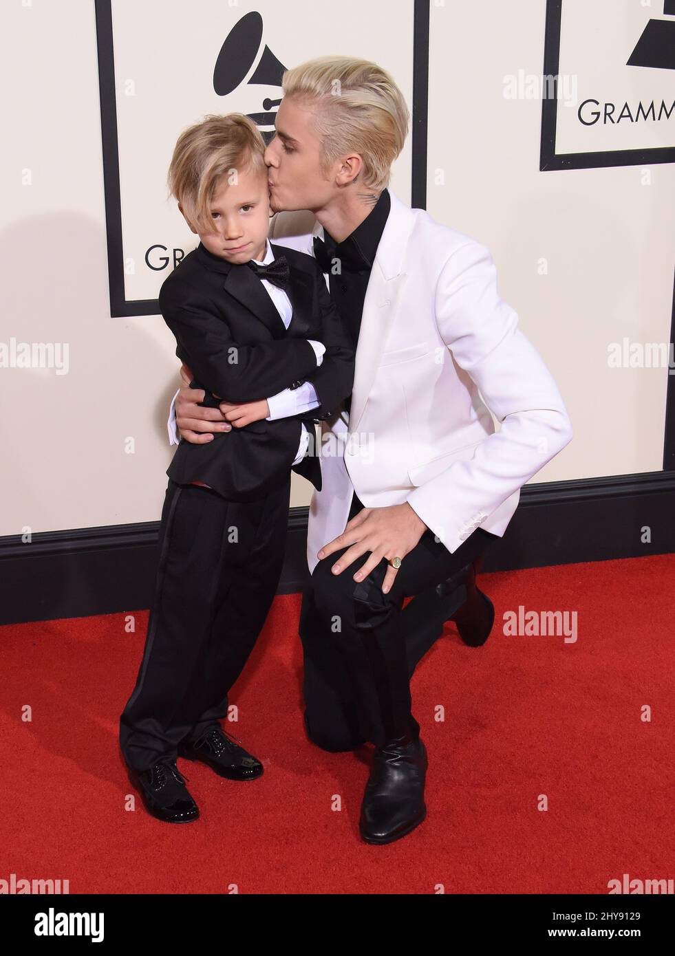 Justin Bieber and Jaxon Bieber arriving at the 58th Annual Grammy ...