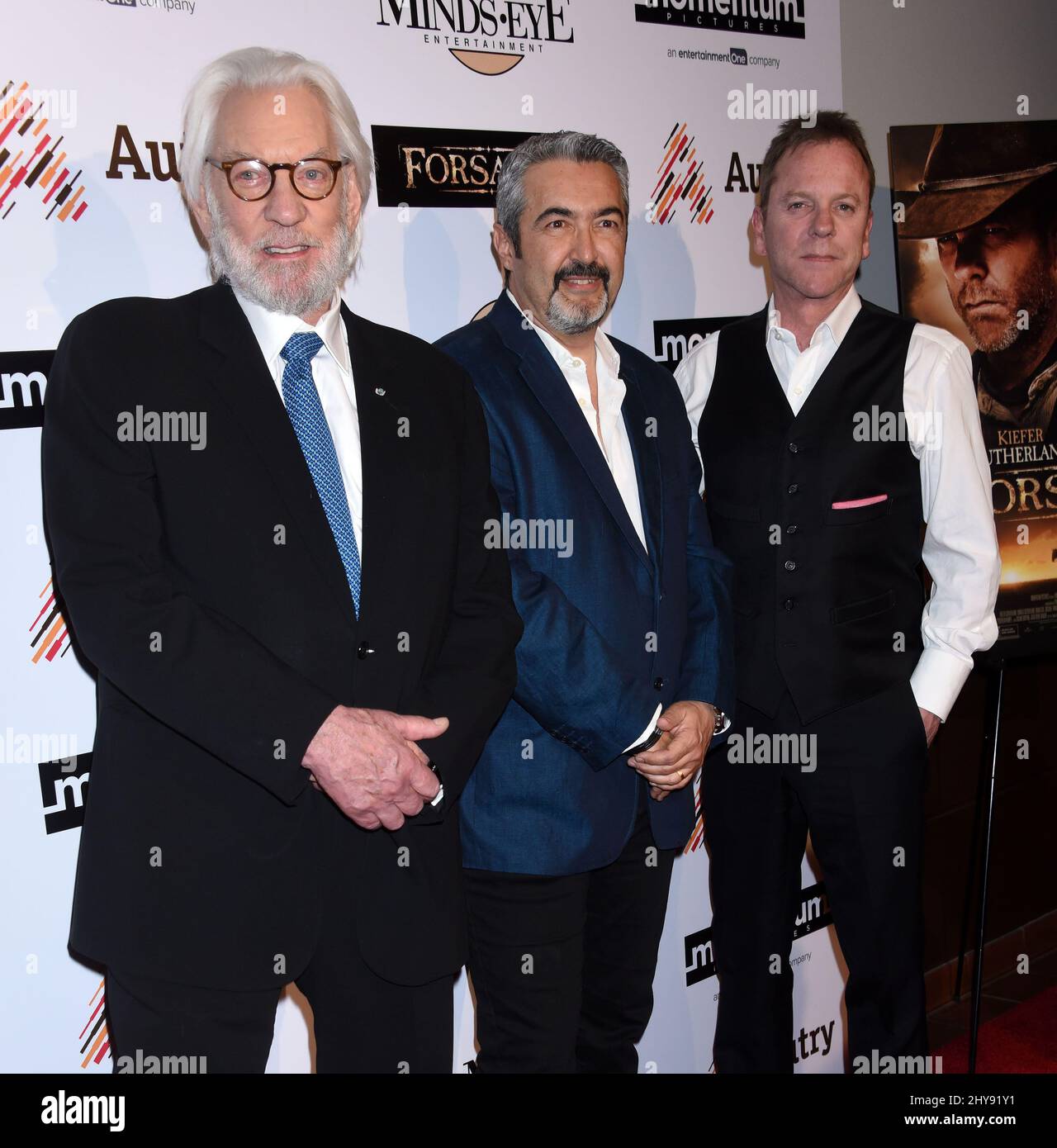 Donald Sutherland, Jon Cassar and Kiefer Sutherland attending the 'Forsaken' Los Angeles Special Screening held at the Autry Museum Of The American West, February 16, 2016 Los Angeles, Ca. Stock Photo