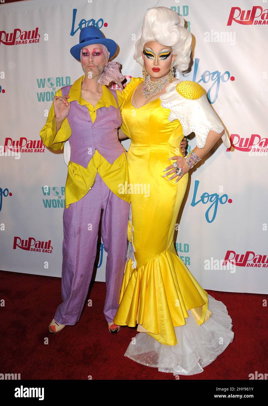 Mathu Andersen and Kim Chi attend RuPaul's Drag Race Season 8 Premiere held at the Mayan Theater Stock Photo