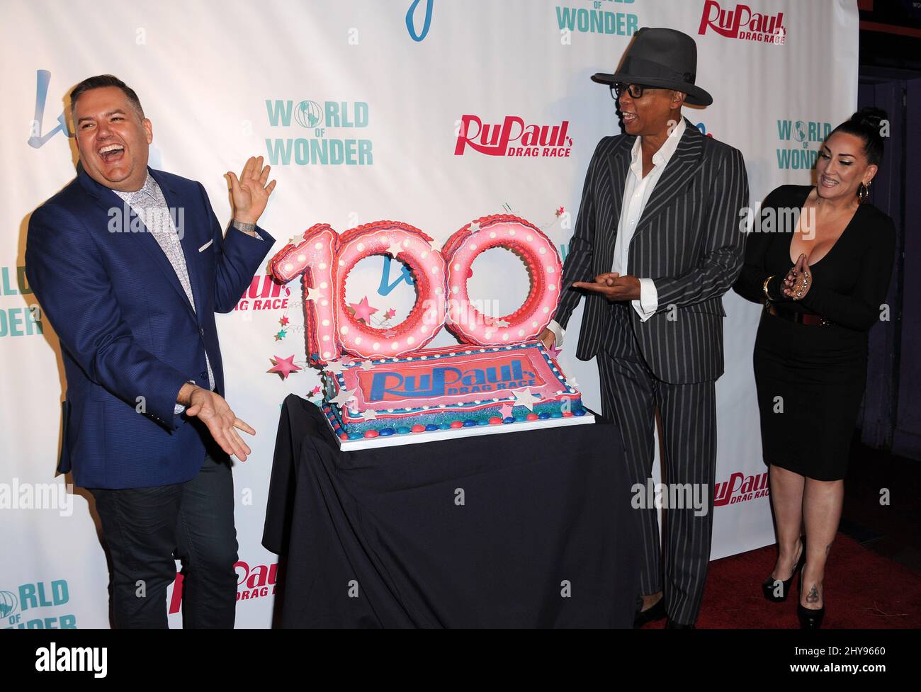 Ross Matthews, RuPaul and Michelle Visage pose by a cake celebrating ...