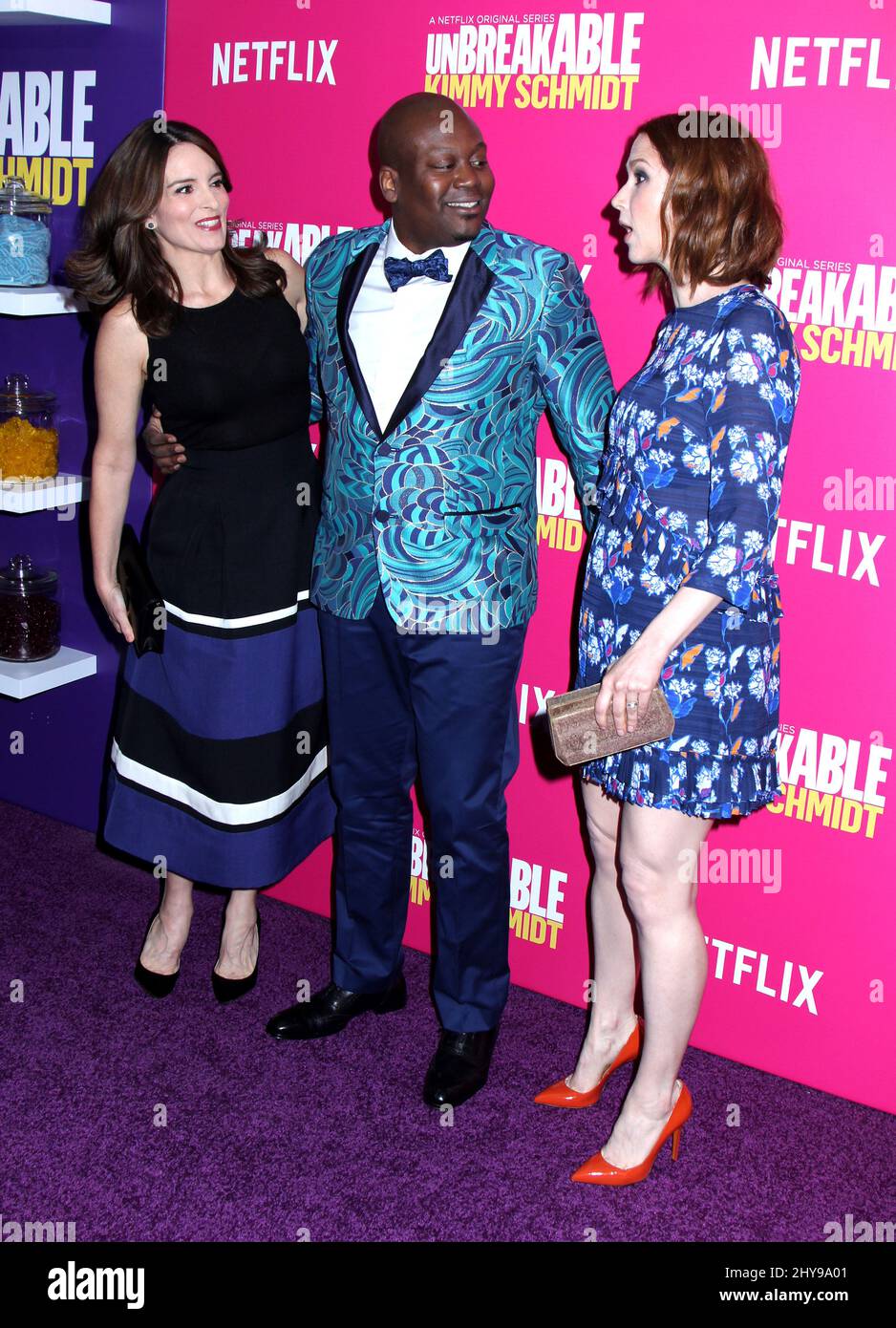 Tina Fey, Tituss Burgess and Ellie Kemper attends the premiere of Netflix's  Unbreakable Kimmy Schmidt Season 2 at the SVA Theatre on Wednesday, March  30, 2016, in New York Stock Photo - Alamy