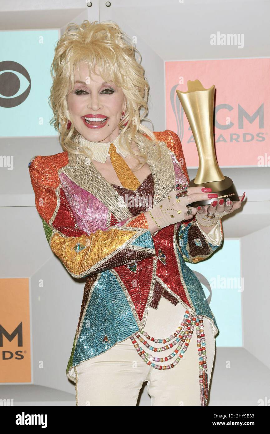 Dolly Parton in the press room at the 51st annual Academy of Country Music Awards at the MGM Grand Garden Arena on Sunday, April 3, 2016, in Las Vegas. Stock Photo