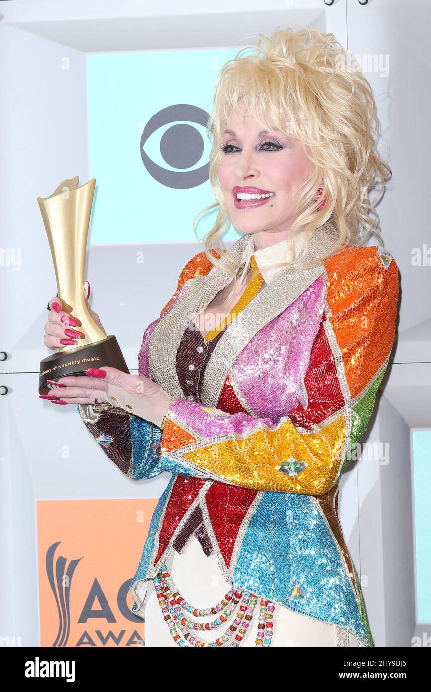 Dolly Parton in the press room following the 51st annual Academy of Country Music Awards at the MGM Grand Garden Arena on Sunday, April 3, 2016, in Las Vegas. Stock Photo