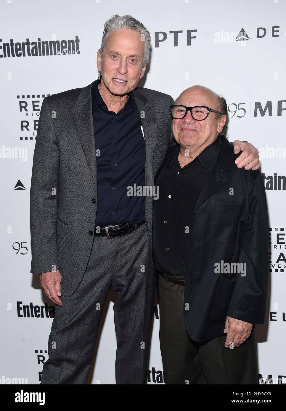 Michael Douglas & Danny DeVito arrives at the 5th Annual Reel Stories, Real Lives Benefit at Milk Studios on Thursday, April 7, 2016, in Los Angeles. Stock Photo
