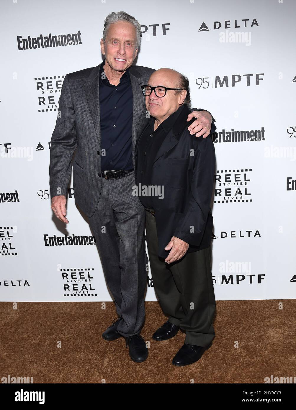Michael Douglas & Danny DeVito arrives at the 5th Annual Reel Stories, Real Lives Benefit at Milk Studios on Thursday, April 7, 2016, in Los Angeles. Stock Photo