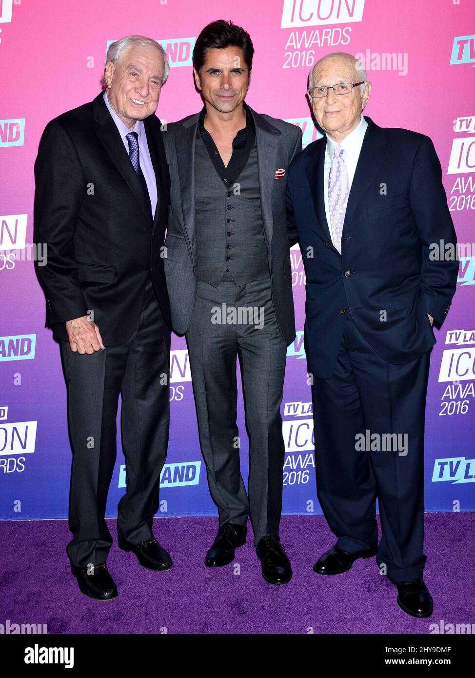 Garry Marshall, John Stamos and Norman Lear attending the 2016 'TV LAND Icon Awards' held at Barker Hanger in Los Angeles, USA. Stock Photo