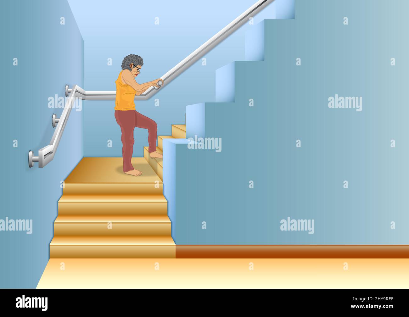 Walking aids upstairs for the elderly, stair assists for the elderly. It protects the elderly from slipping or falling downstairs with handles Stock Vector