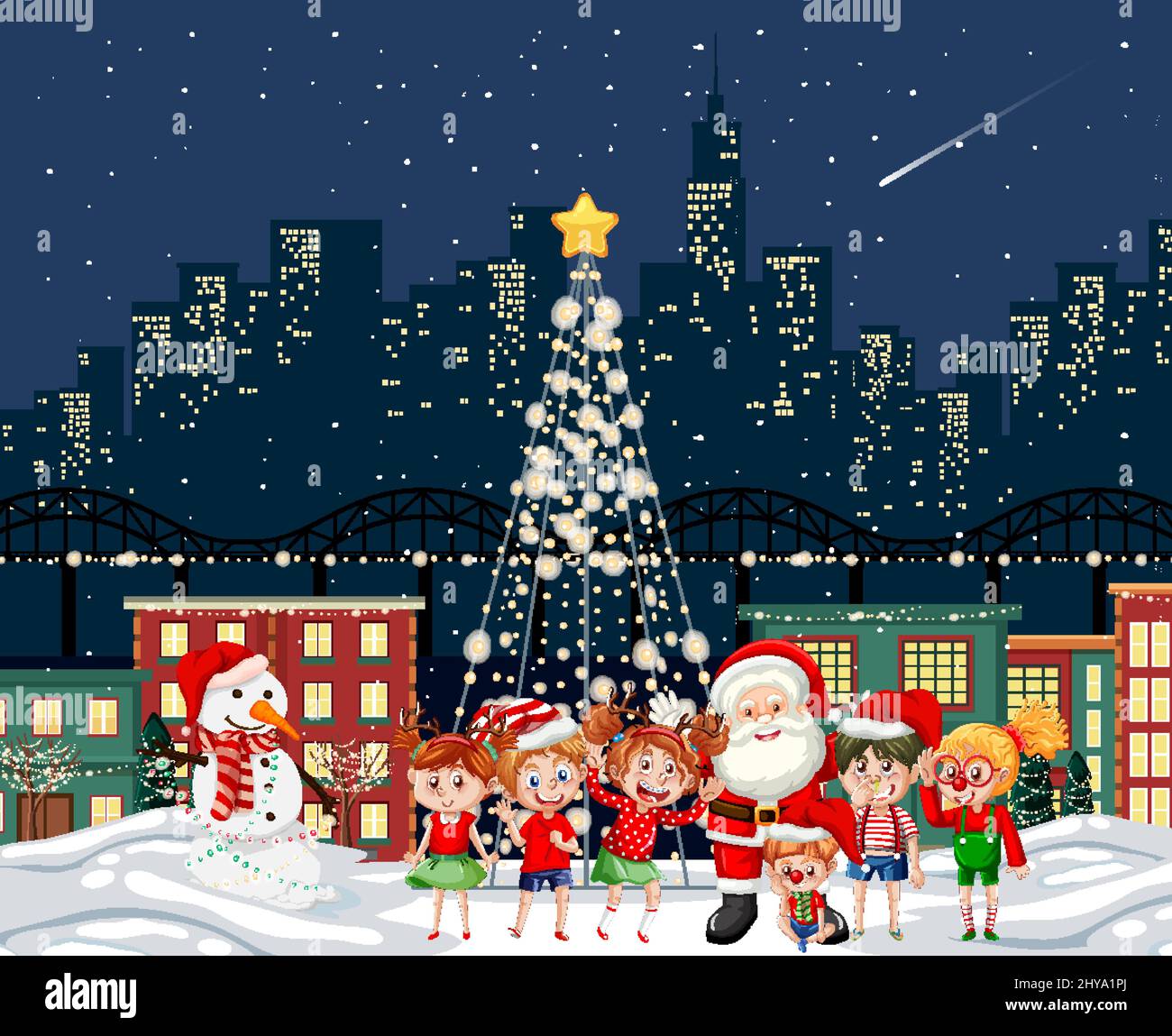 Christmas winter scene with happy children illustration Stock Vector