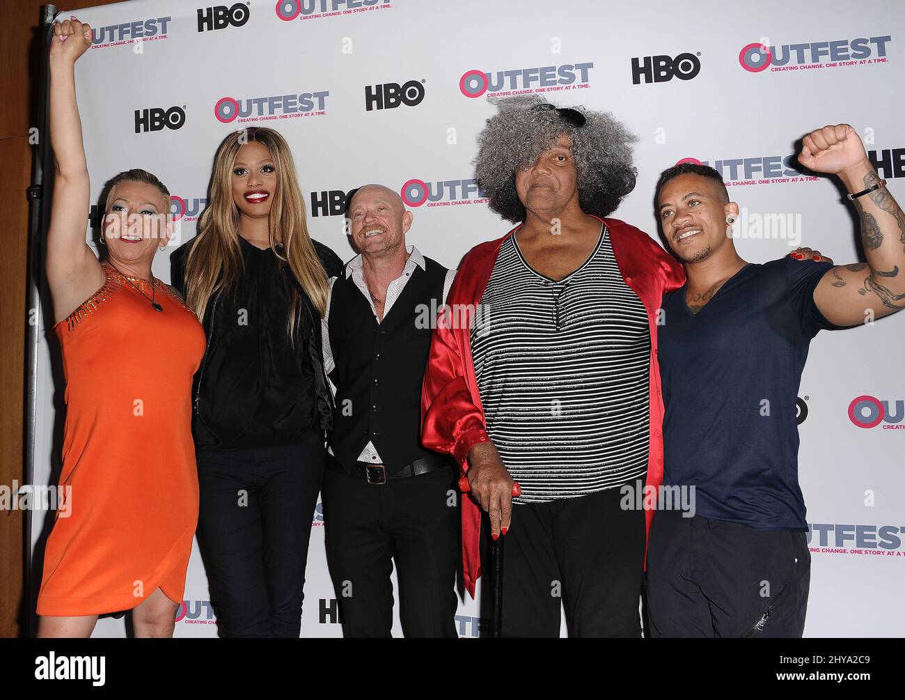 Bamby Salcedo, Laverne Cox, Buck Angel, Miss Major, Shane Ortega attending the 2016 Outfest Los Angeles LGBT Film Festival Screening of 'The Trans List' held at Directors Guild of America in Los Angeles, California. Stock Photo