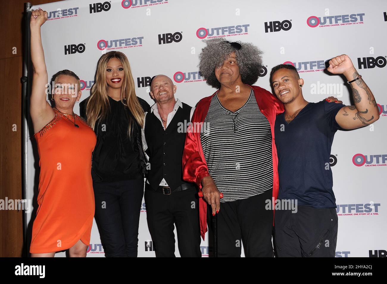 Bamby Salcedo, Laverne Cox, Buck Angel, Miss Major, Shane Ortega attending the 2016 Outfest Los Angeles LGBT Film Festival Screening of 'The Trans List' held at Directors Guild of America in Los Angeles, California. Stock Photo