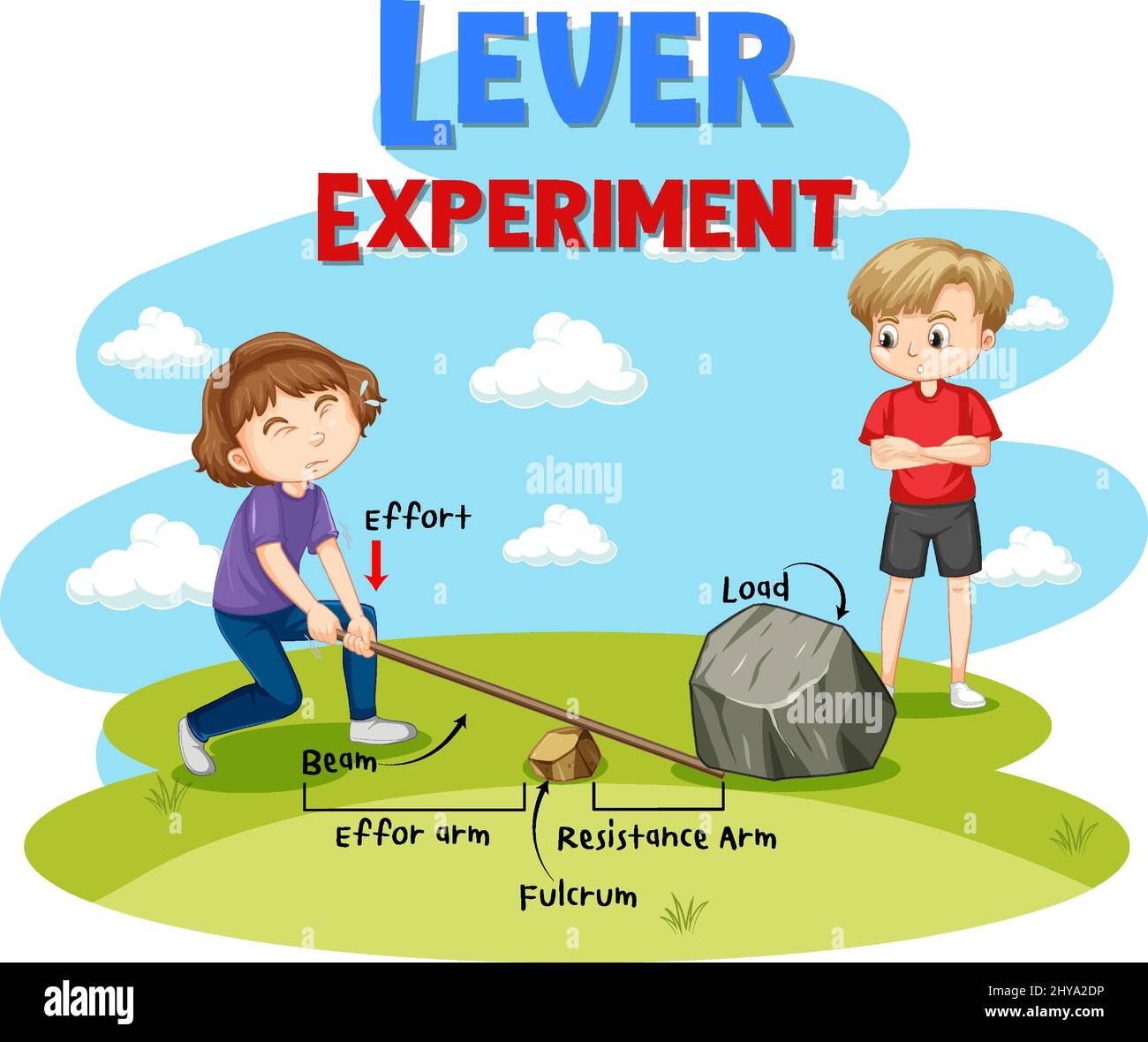 Two kids doing lever experiment illustration Stock Vector