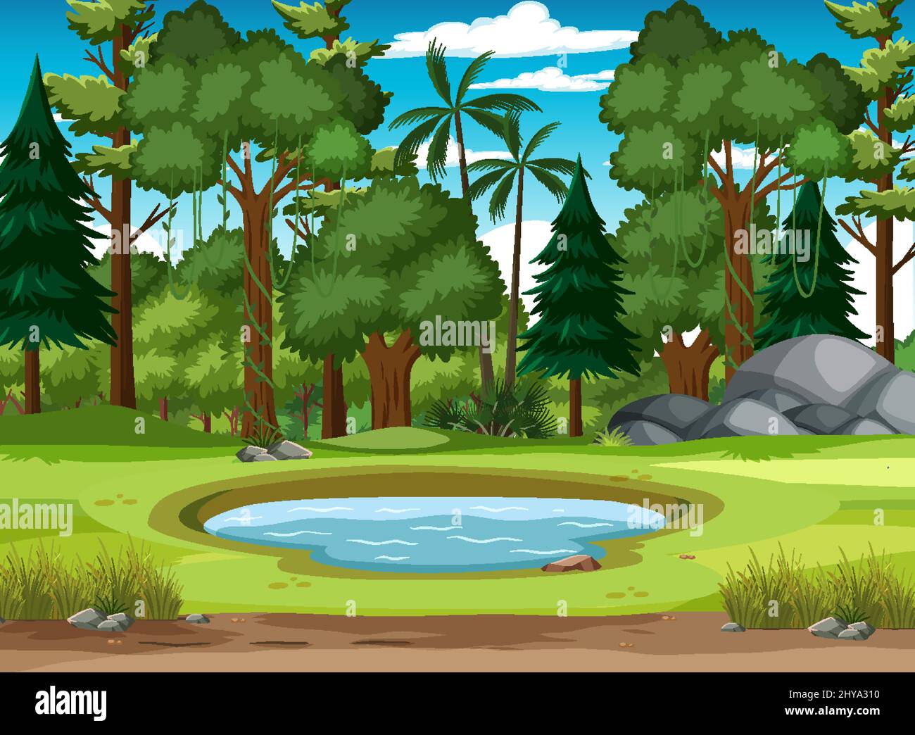 Scene with little pond in the forest illustration Stock Vector Image ...
