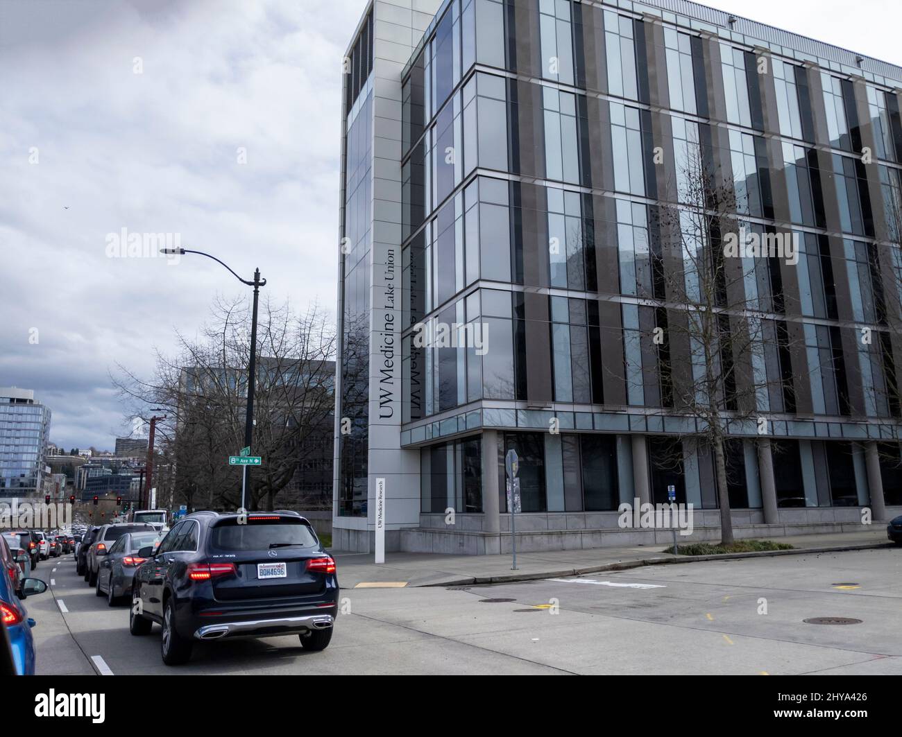 Seattle, WA USA - circa March 2022: Angled view of the Lake Union UW Medicine building in downtown Seattle on an overcast day Stock Photo