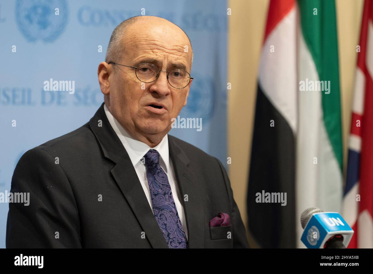 New York, NY - March 14, 2022: Zbigniew Rau, Chairperson-in-Office of the Organization for Security and Cooperation in Europe and Minister for Foreign Affairs of Poland briefs press after Security Council meeting at UN Headquarters Stock Photo