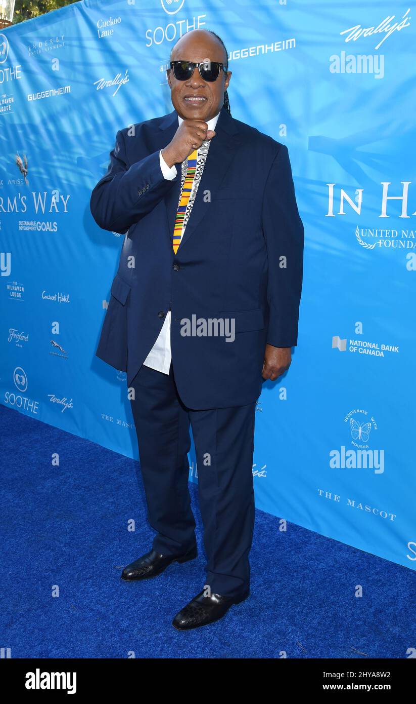 Stevie Wonder arrives at an Event Honoring UN Secretary-General Ban Ki-moon at a private residence on Wednesday, Aug. 10, 2016 in Beverly Hills. Stock Photo