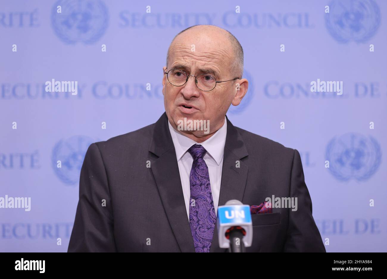 New York, NY, USA. 14th Mar, 2022. United Nations, New York, USA, March 14, 2022 - Zbigniew Rau, Chairperson-in-Office of the Organization for Security and Cooperation in Europe and Minister for Foreign Affairs of Poland, briefs reporters after the Security Council meeting Today at the UN Headquarters in New York City.Photo: Luiz Rampelotto/EuropaNewswire.PHOTO CREDIT MANDATORY. Credit: ZUMA Press, Inc./Alamy Live News Stock Photo