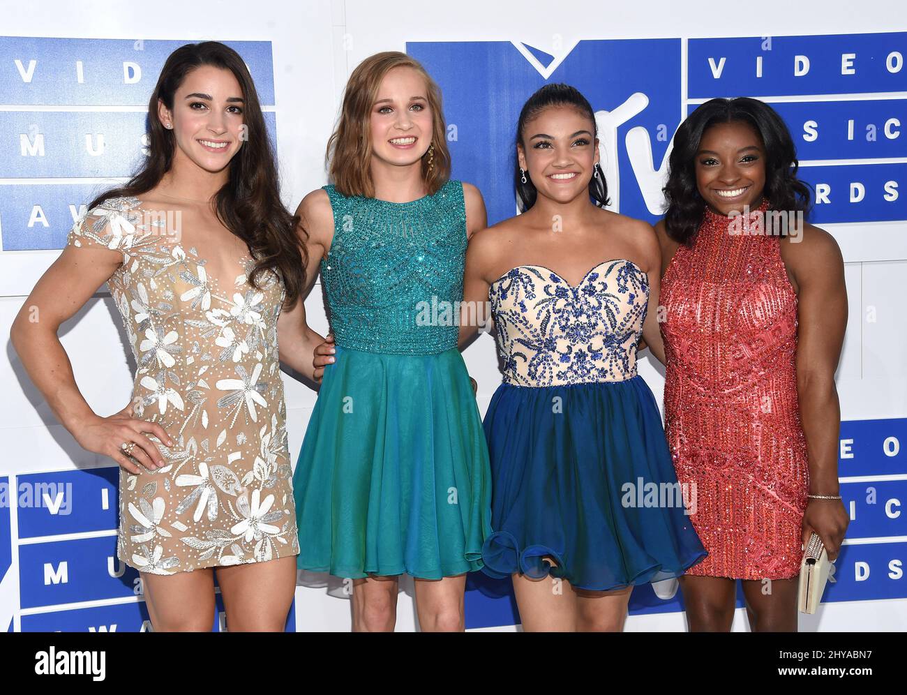 Aly Raisman, Madison Kocian, Laurie Hernandez and Simone Biles arriving for The 2016 MTV Video Music Awards, Madison Square Garden, New York, 28th August 2016. Stock Photo