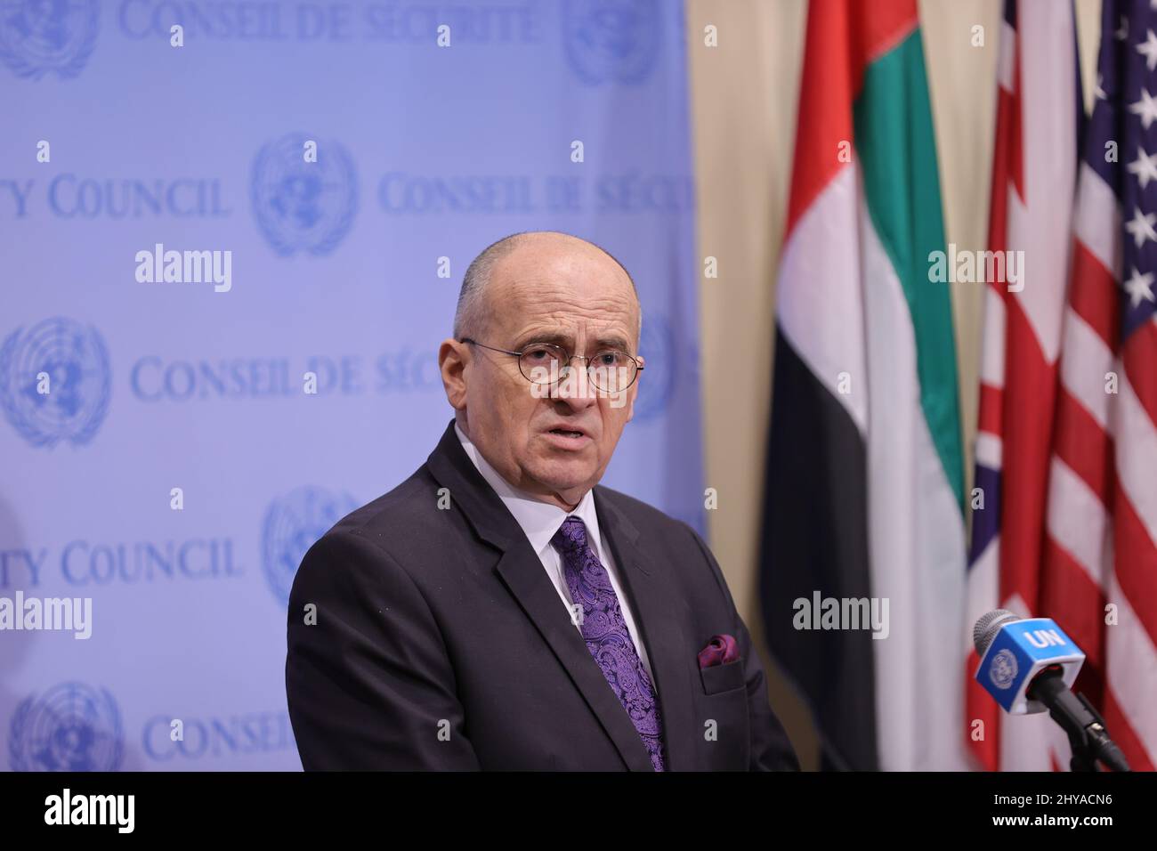 New York, NY, USA. 14th Mar, 2022. United Nations, New York, USA, March 14, 2022 - Zbigniew Rau, Chairperson-in-Office of the Organization for Security and Cooperation in Europe and Minister for Foreign Affairs of Poland, briefs reporters after the Security Council meeting Today at the UN Headquarters in New York City.Photo: Luiz Rampelotto/EuropaNewswire.PHOTO CREDIT MANDATORY. Credit: ZUMA Press, Inc./Alamy Live News Stock Photo