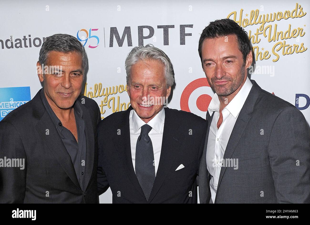 George Clooney, Michael Douglas, Hugh Jackman attending the 'Hollywood's Night Under The Stars' 95th Anniversary Celebration held at MPTF Wasserman Campus in Los Angeles, USA. Stock Photo