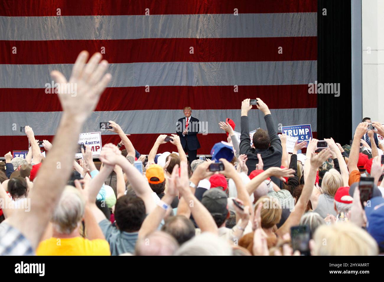 Donald Trump Supporters Republican Presidential candidate Donald Trump addresses supporters during a rally at the Henderson Pavilion Stock Photo