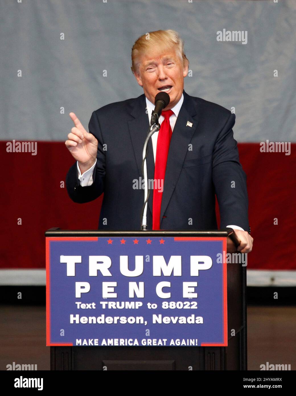 Donald Trump Republican Presidential candidate Donald Trump addresses supporters during a rally at the Henderson Pavilion Stock Photo