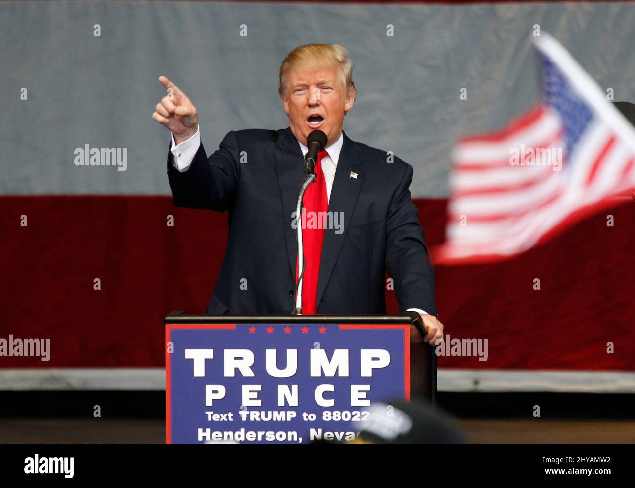 Donald Trump Republican Presidential candidate Donald Trump addresses supporters during a rally at the Henderson Pavilion Stock Photo