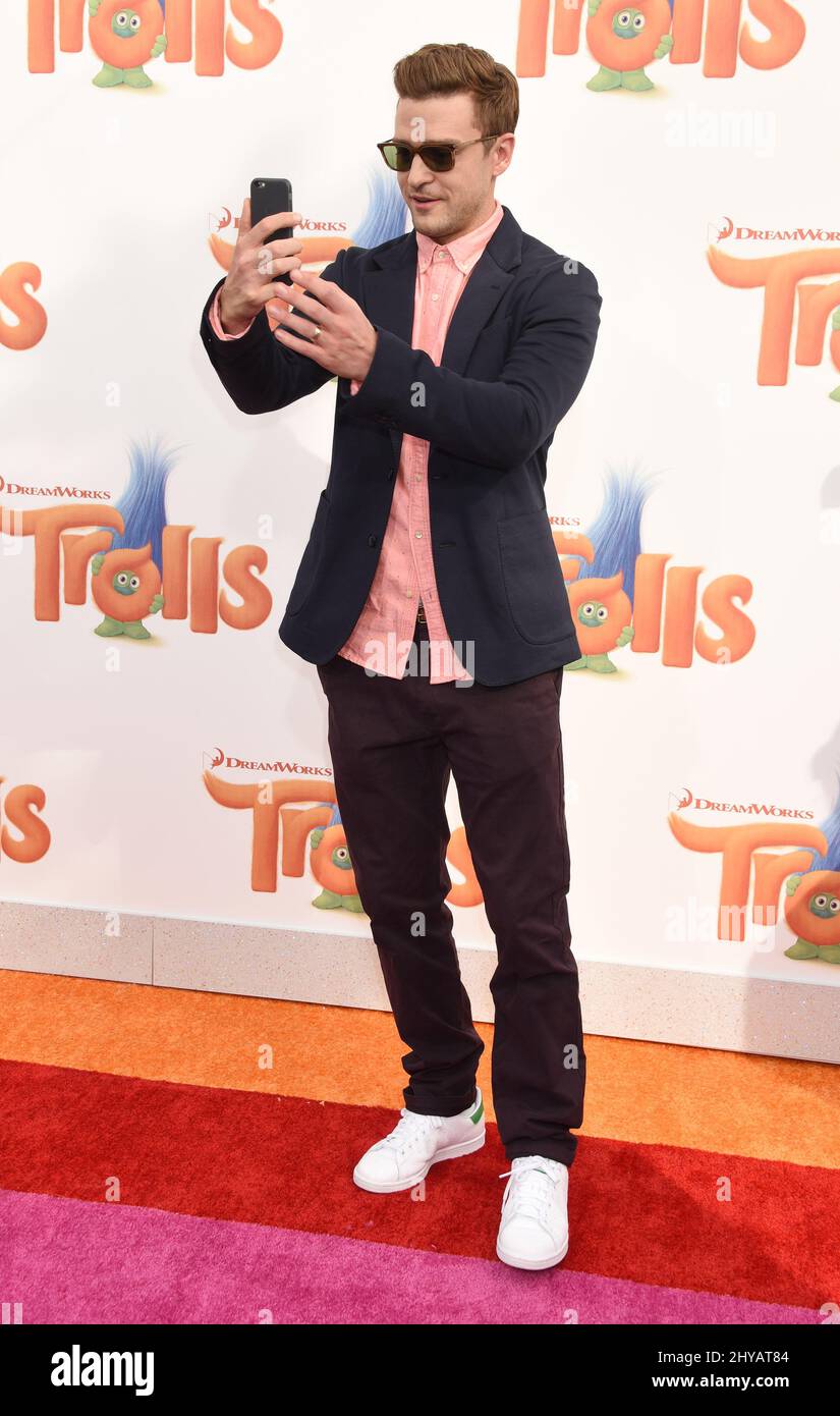Justin Timberlake attending the Los Angeles premiere of Trolls Stock Photo