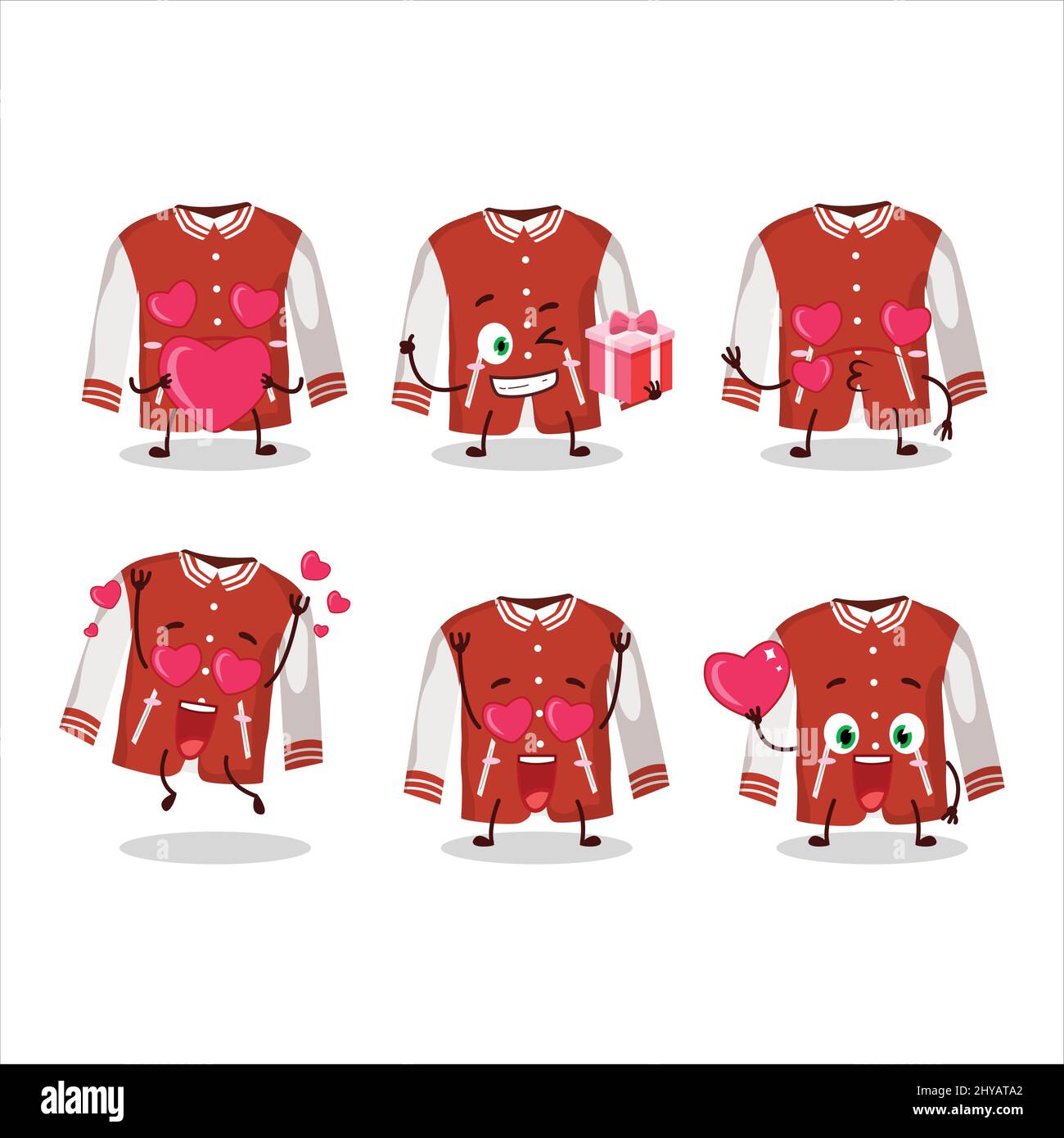Red baseball jacket cartoon character with love cute emoticon. Vector