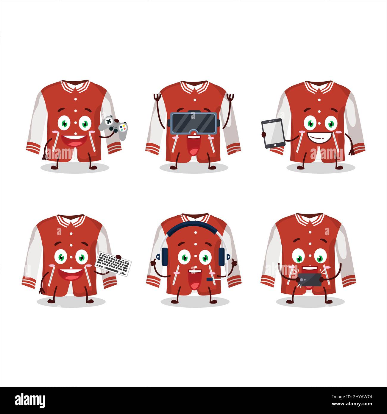 Red baseball jacket cartoon character are playing games with various cute emoticons. Vector illustration Stock Vector