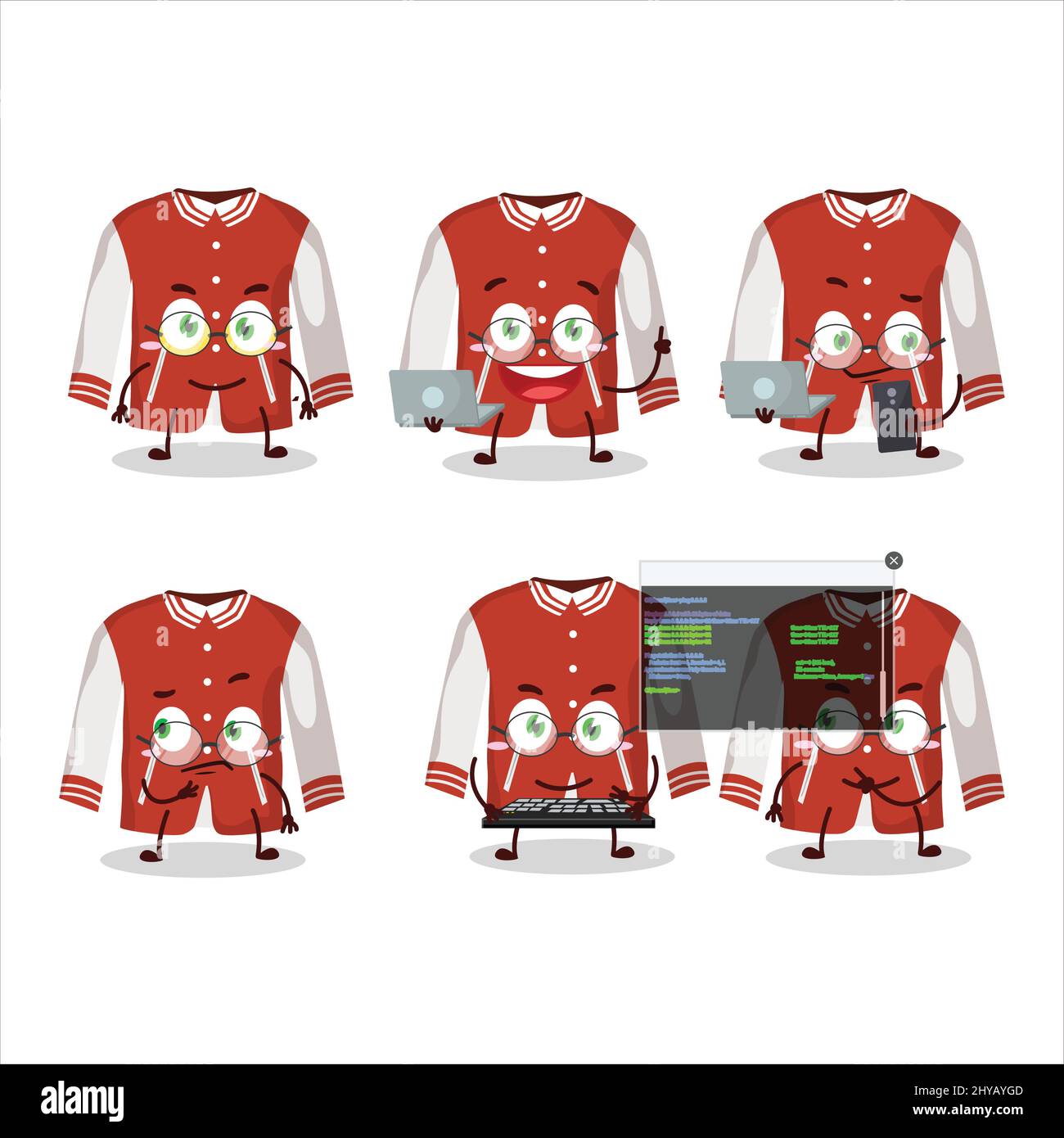 Red baseball jacket Programmer cute cartoon character with. Vector illustration Stock Vector