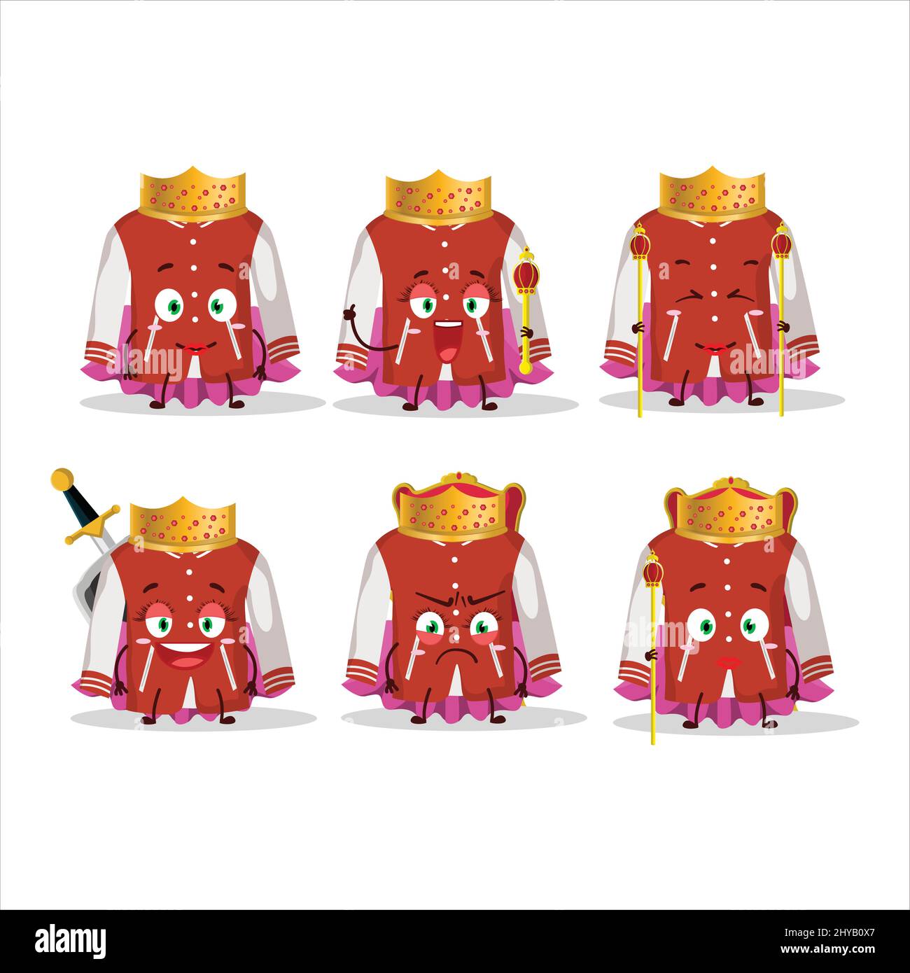 Queen and her magic clothes cartoon of red baseball jacket wearing tiara. Vector illustration Stock Vector