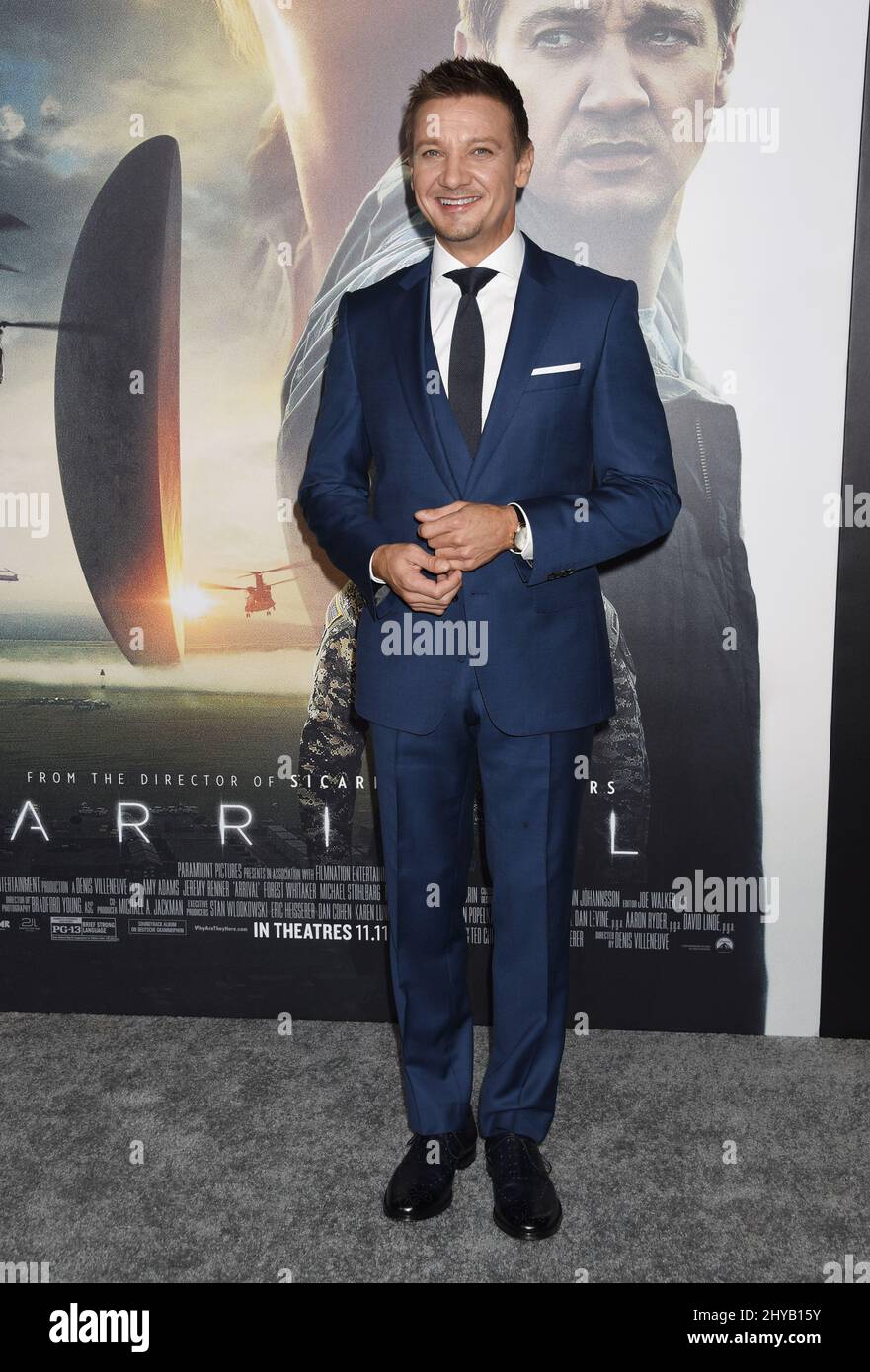 Jeremy Renner arrives at the LA Premiere of 'Arrival' at the Regency Village Theatre on Sunday, Nov. 6, 2016, in Los Angeles. Stock Photo