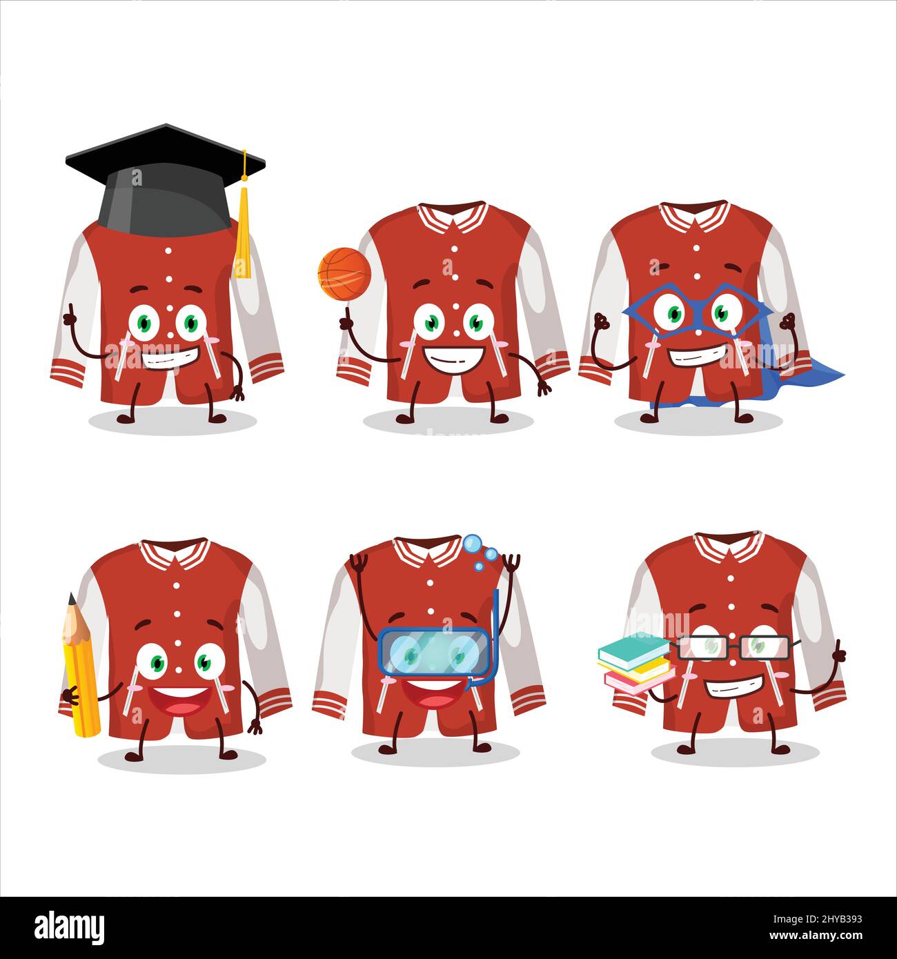 School student of red baseball jacket cartoon character with various expressions. Vector illustration Stock Vector
