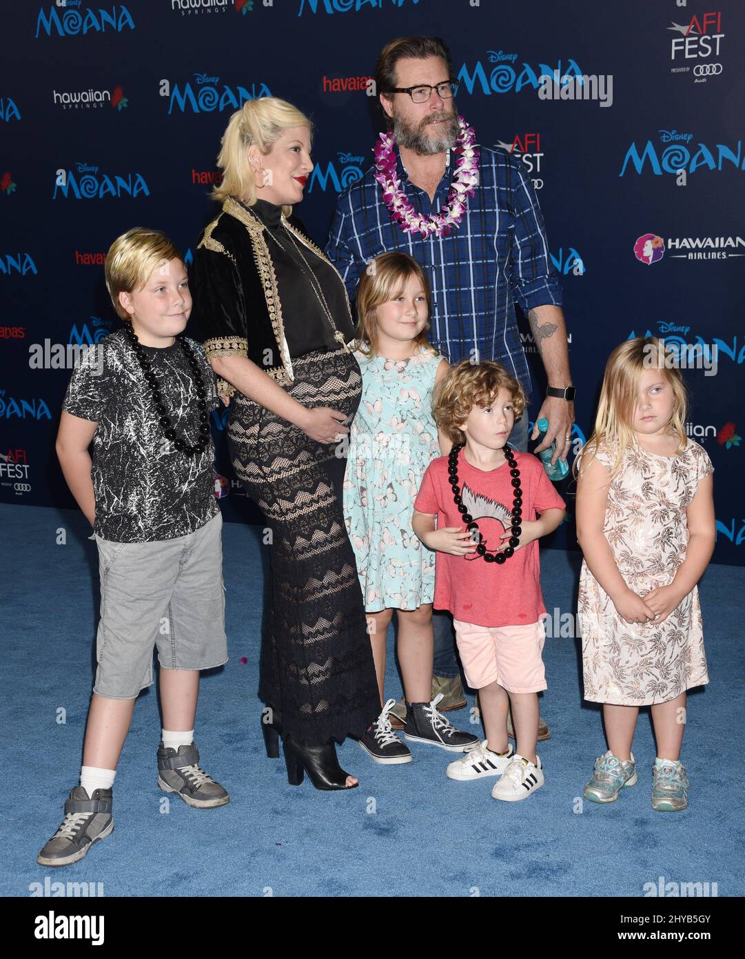 Tori Spelling, Stella Doreen McDermott, Hattie Margaret McDermott, Liam Aaron McDermott, Finn Davey McDermott and Dean McDermott attending the Premiere of 'Moana' in Los Angeles Stock Photo