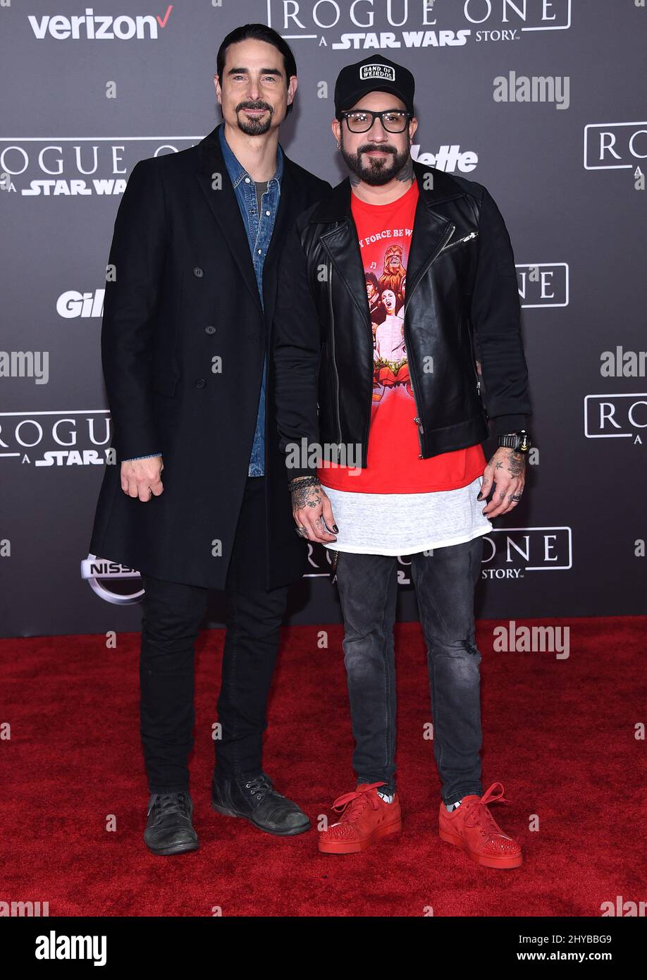 Kevin Richardson and AJ McLean arriving at Lucasfilm's 'Rogue One: A Star Wars Story' world premiere held at the Pantages Theatre in Los Angeles, USA. Stock Photo