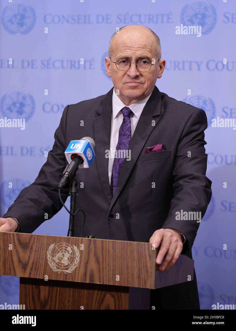 United Nations, New York, USA, March 14, 2022 - Zbigniew Rau, Chairperson-in-Office of the Organization for Security and Cooperation in Europe and Minister for Foreign Affairs of Poland, briefs reporters after the Security Council meeting Today at the UN Headquarters in New York City. Photo: Luiz Rampelotto/EuropaNewswire PHOTO CREDIT MANDATORY. Stock Photo