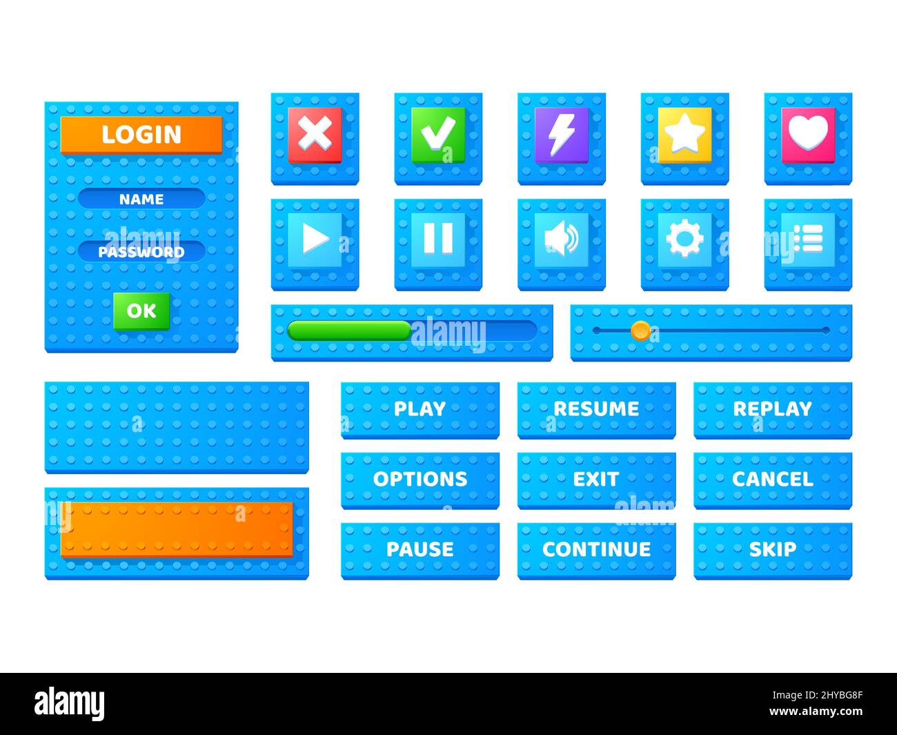Set game menu elements block toy texture. Cartoon buttons, options