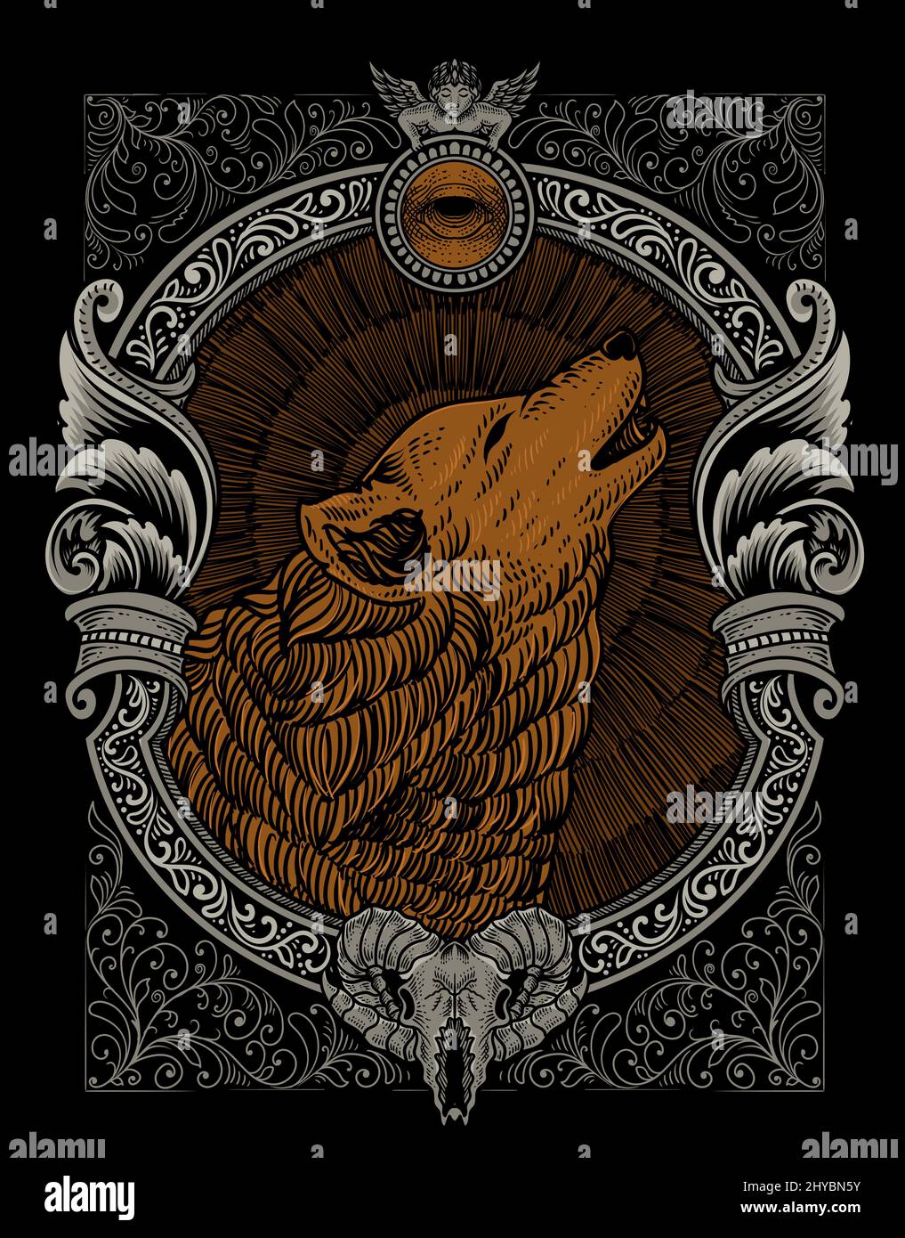 illustration vintage wolf with engraving style Stock Vector Image & Art