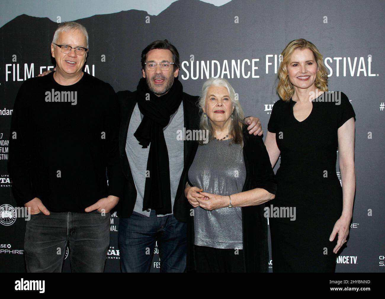 Tim Robbins, Jon Hamm, Lois Smith and Geena Davis attending the 'Marjorie Prime' Premiere at Eccles Center Theatre during the Sundance Film Festival in Park City, Utah, USA Stock Photo