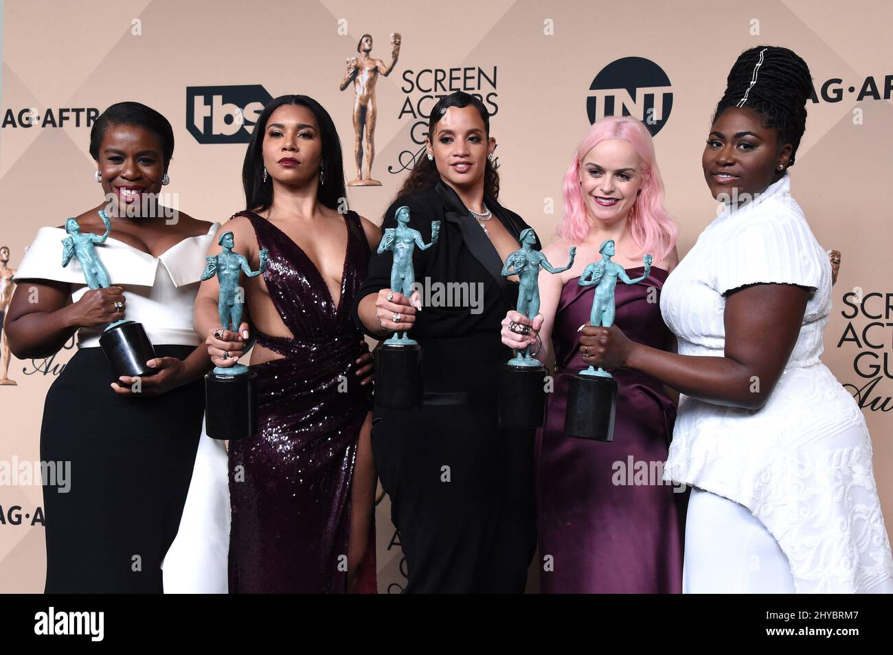 Uzo Aduba, Selenis Leyva, Dascha Polanco, Taryn Manning and Danielle Brooks attending the press room of the 23rd Annual Screen Actors Guild Awards held at the Shrine Auditorium in Los Angeles, California Stock Photo