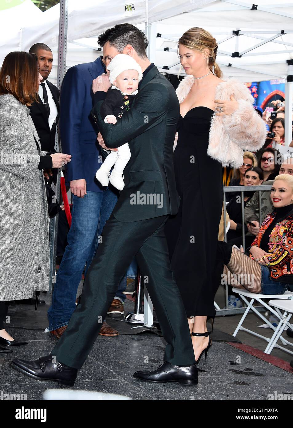 Adam Levine, Behati Prinsloo and Dusty Rose Levine attending Adam Levine's Hollywood Walk of Fame Ceremony Stock Photo