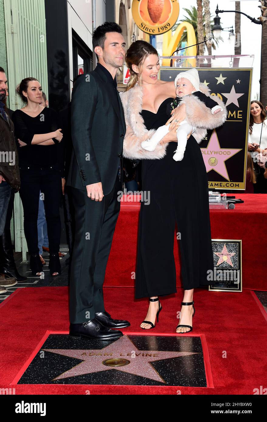 Adam Levine, Behati Prinsloo and Dusty Rose Levine attending Adam Levine's Hollywood Walk of Fame Ceremony Stock Photo