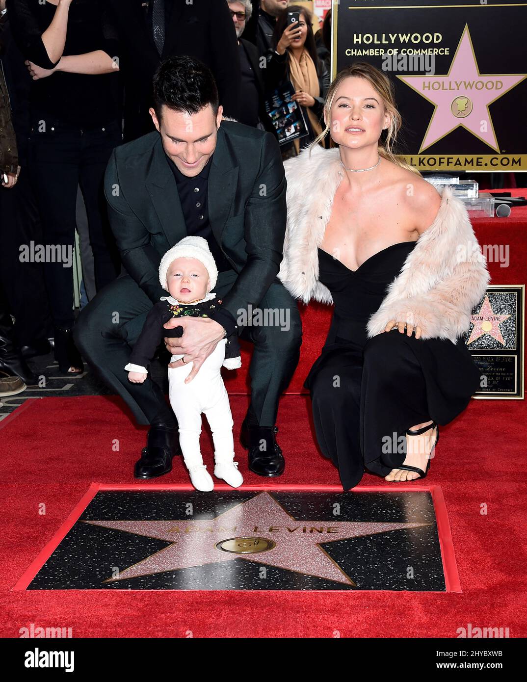 Adam Levine, Behati Prinsloo and Dusty Rose Levine attending Adam Levine's Hollywood Walk of Fame Ceremony Stock Photo