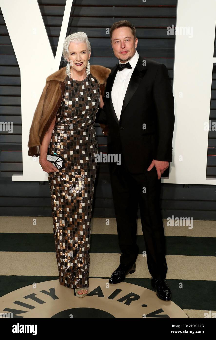 Maye Musk and Elon Musk at 2017 Vanity Fair Oscar Party hosted by Graydon Carter at the Wallis Annenberg Center for the Performing Arts Stock Photo