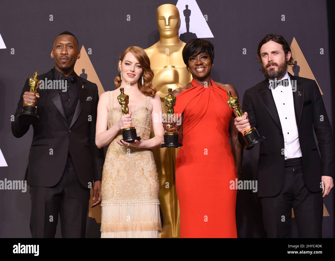 Mahershala Ali, Emma Stone, Viola Davis and Casey Affleck in the press room at the 89th Academy Awards held at the Dolby Theatre in Hollywood, Los Angeles, USA. Stock Photo